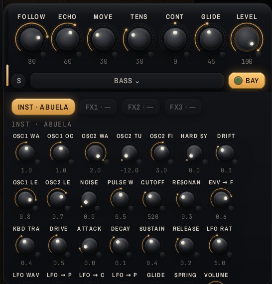 A strip's patch bay open, showing every parameter of the loaded instrument as a small knob with a jack