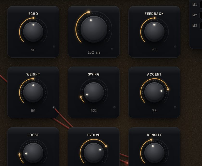 Macro knobs with a red cable arcing from Density to Weight