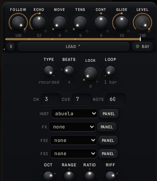 A strip with a landed take: the loop bar under the knobs shows the loop with the notes ticked on it