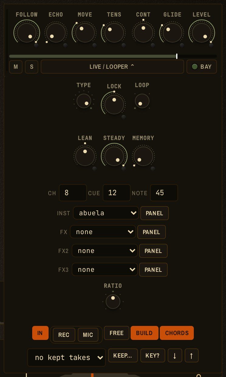 A strip with a landed take: the loop bar under the knobs shows the notes