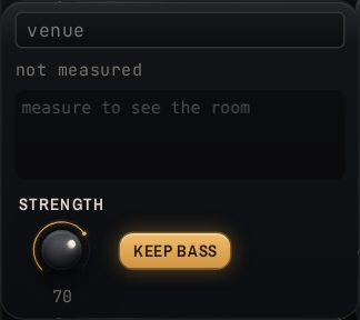 The room panel: a response curve, strength knob, keep bass, venue list