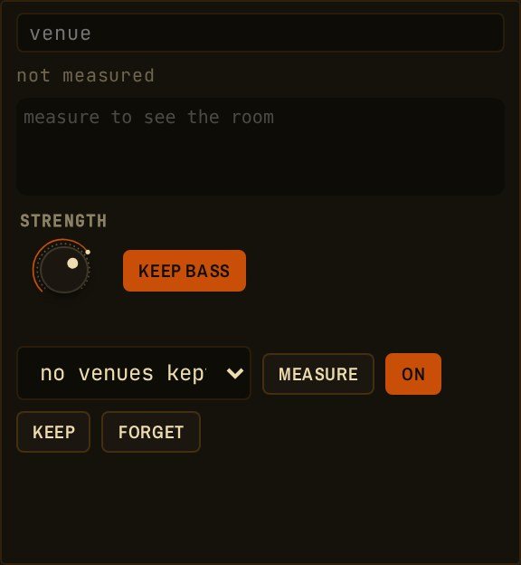 The room panel: response curve, strength, keep bass, venues