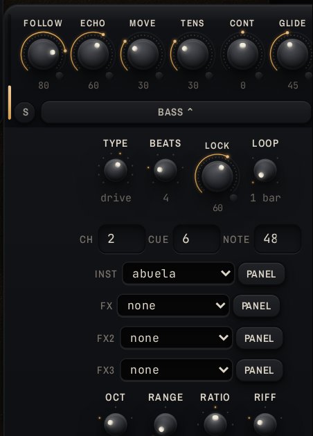 A pattern strip with its setup drawer open: type, beats, MIDI channels, instrument and effect pickers, register, echo, the looper controls